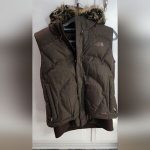 TNF Womens Size L THE NORTH FACE 600 GOOSE DOWN FUR HOOD BOMBER Brown Vest